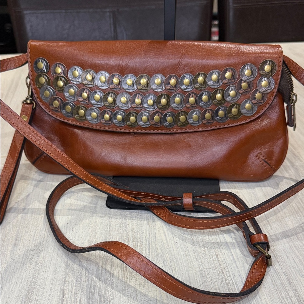 Patricia Nash Cognac Leather Crossbody Bag with Stud Accents- Like New